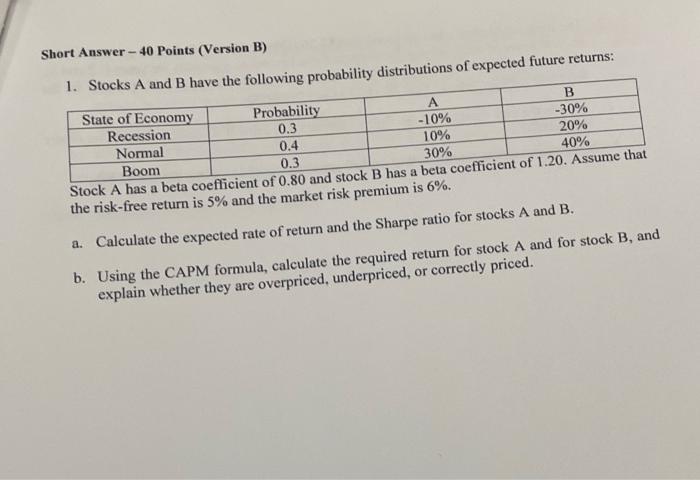 Short Answer 40 Points Version B 1 Stocks A And B Have The Following Probability Distributions Of Expected Future R 1
