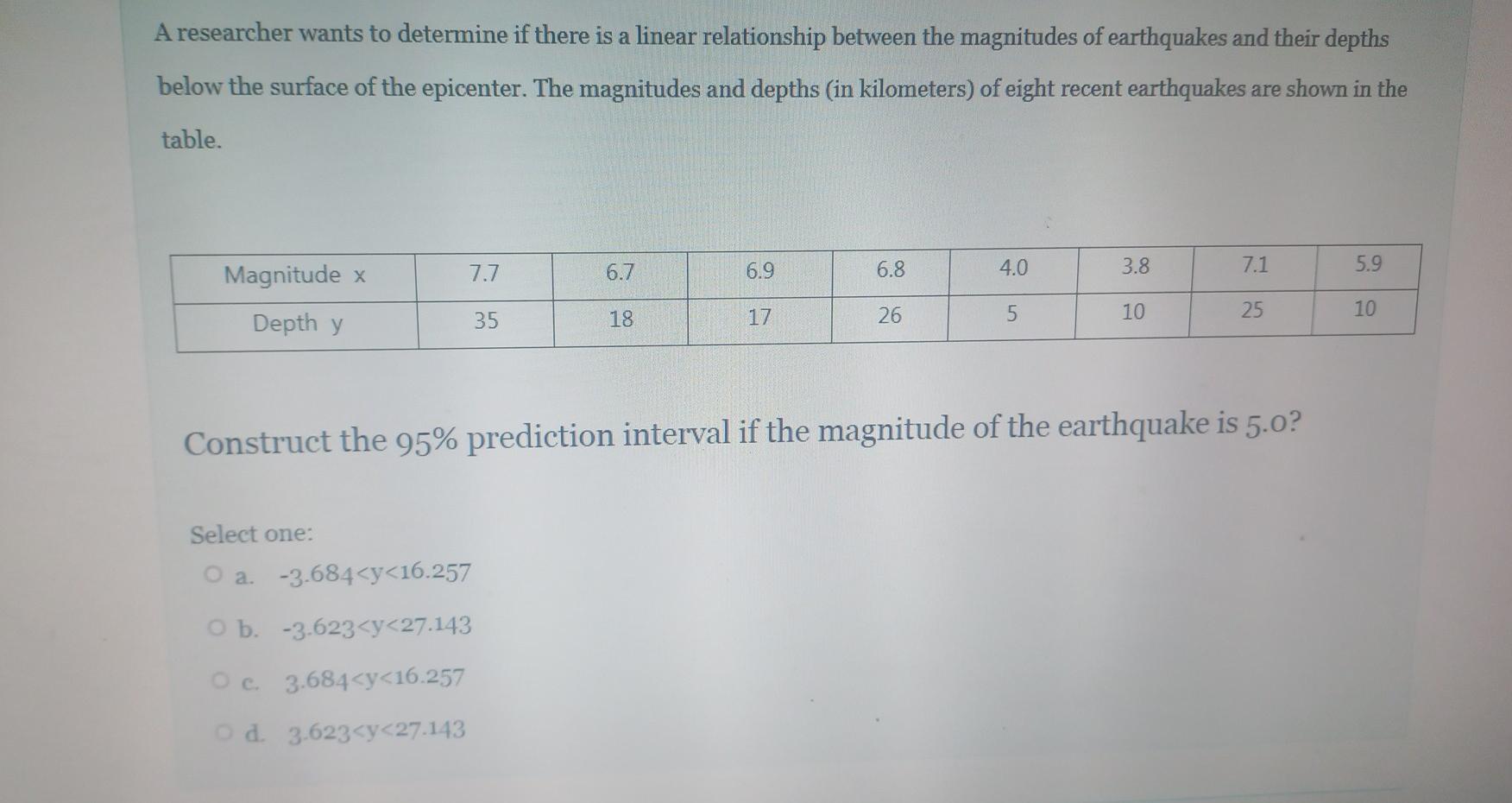 A Researcher Wants To Determine If There Is A Linear Relationship Between The Magnitudes Of Earthquakes And Their Depths 1