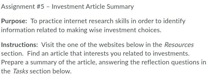 Assignment 5 Investment Article Summary Purpose To Practice Internet Research Skills In Order To Identify Informatio 1
