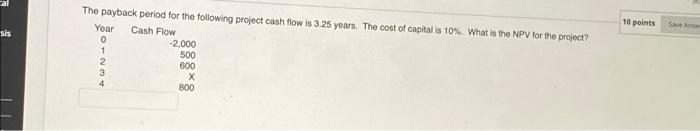 10 Points Sis The Payback Period For The Following Project Cash Flow Is 3 25 Years The Cost Of Capital Is 10 What Is T 1