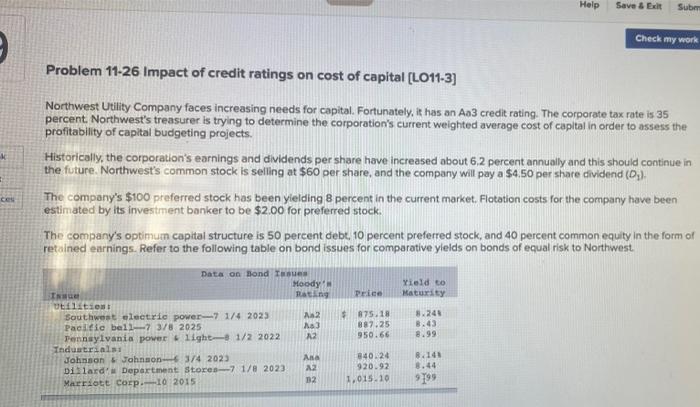 Help Save Exit Sub Check My Work Problem 11 26 Impact Of Credit Ratings On Cost Of Capital Lo11 3 Northwest Utility 1