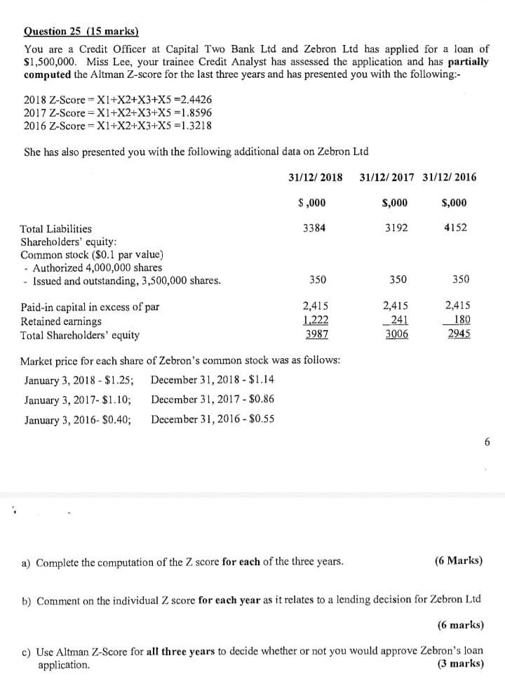 Question 25 15 Marks You Are A Credit Officer At Capital Two Bank Ltd And Zebron Ltd Has Applied For A Loan Of 1 500 1