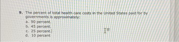 9 The Percent Of Total Health Care Costs In The United States Paid For By Governments Is Approximately A 90 Percent 1