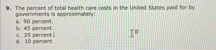 9 The Percent Of Total Health Care Costs In The United States Paid For By Governments Is Approximately A 90 Percent 1