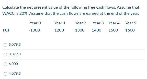 Calculate The Net Present Value Of The Following Free Cash Flows Assume That Wacc Is 20 Assume That The Cash Flows Ar 1
