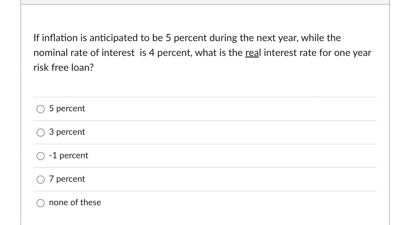 If Inflation Is Anticipated To Be 5 Percent During The Next Year While The Nominal Rate Of Interest Is 4 Percent What 1