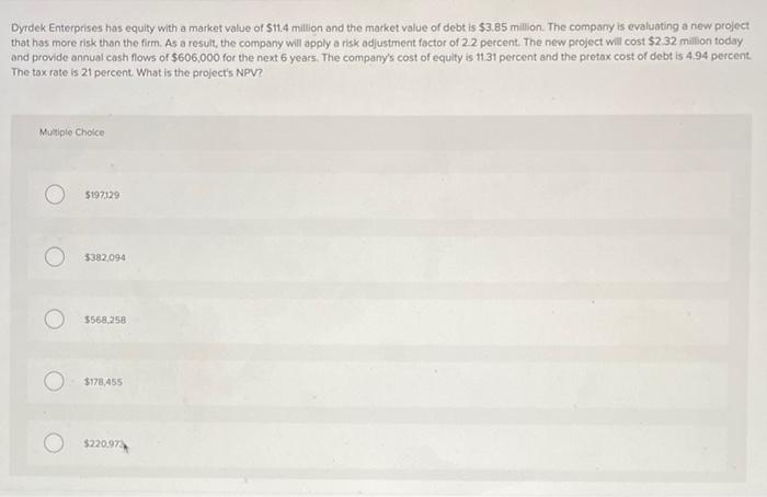 Dyrdek Enterprises Has Equity With A Market Value Of 11 4 Million And The Market Value Of Debt Is 3 85 Million The Co 1
