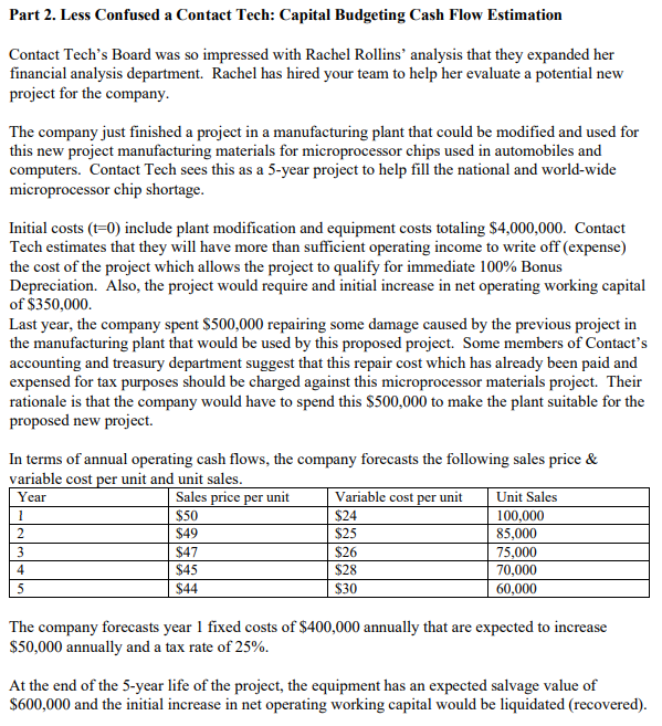 Part 2 Less Confused A Contact Tech Capital Budgeting Cash Flow Estimation Contact Tech S Board Was So Impressed With 1