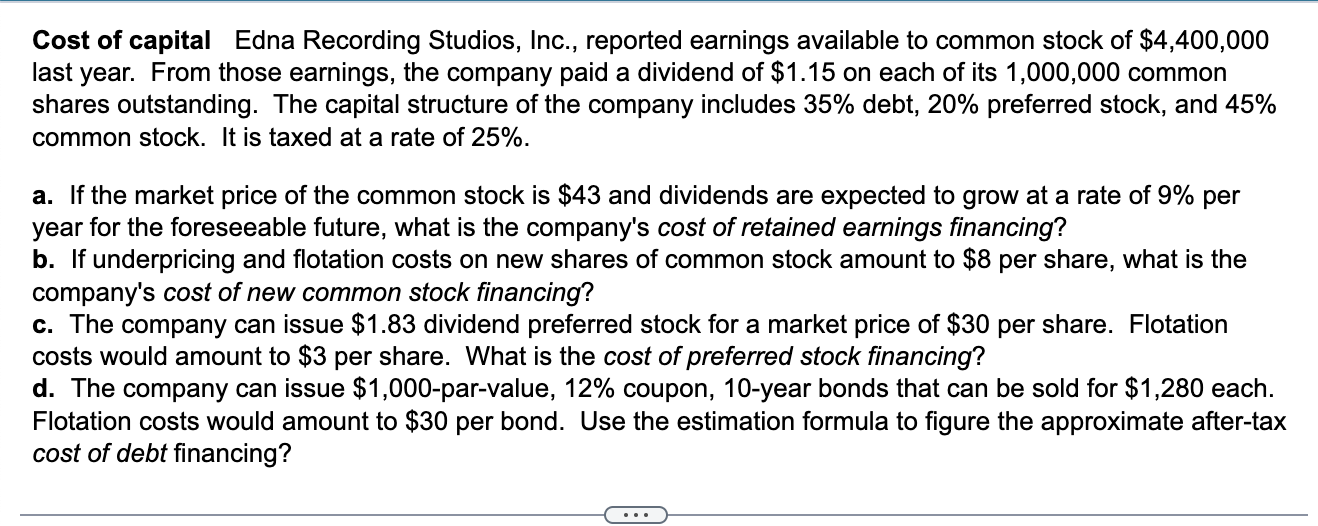 Cost Of Capital Edna Recording Studios Inc Reported Earnings Available To Common Stock Of 4 400 000 Last Year From 1