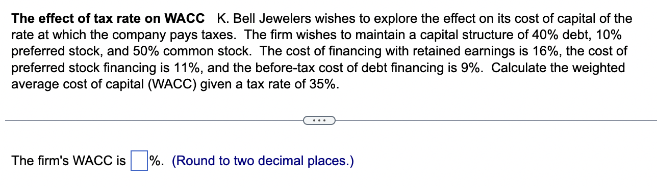 The Effect Of Tax Rate On Wacc K Bell Jewelers Wishes To Explore The Effect On Its Cost Of Capital Of The Rate At Which 1