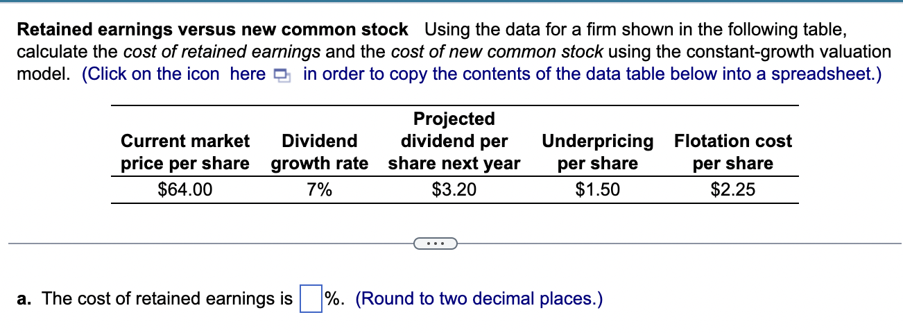 Retained Earnings Versus New Common Stock Using The Data For A Firm Shown In The Following Table Calculate The Cost Of 1