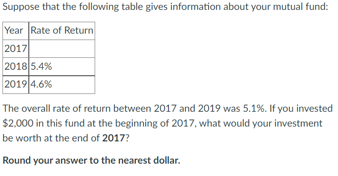 Suppose That The Following Table Gives Information About Your Mutual Fund Year Rate Of Return 2017 2018 5 4 2019 4 6 1