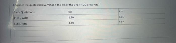 Consider The Quotes Below What Is The Ask Of The Brl Aud Cross Rate Bid Ask Bank Quotations Eur Aud 1 80 1 81 Eur 1