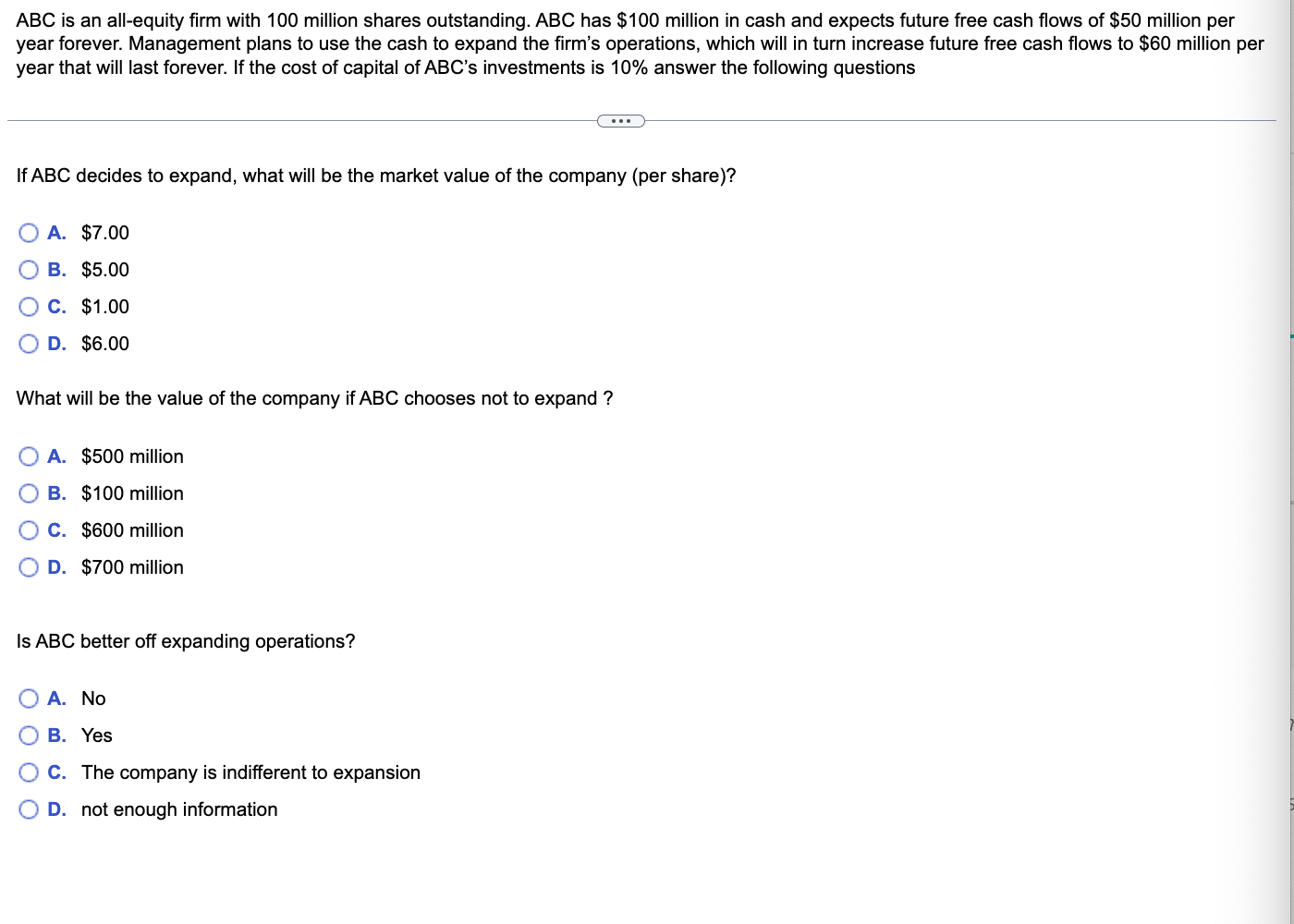 Abc Is An All Equity Firm With 100 Million Shares Outstanding Abc Has 100 Million In Cash And Expects Future Free Cas 1