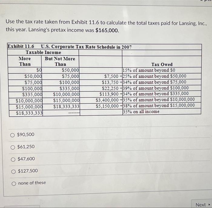 Use The Tax Rate Taken From Exhibit 11 6 To Calculate The Total Taxes Paid For Lansing Inc This Year Lansing S Preta 1