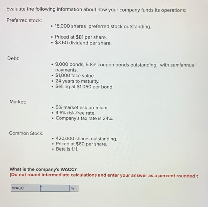 Evaluate The Following Information About How Your Company Funds Its Operations Preferred Stock 18 000 Shares Preferr 1