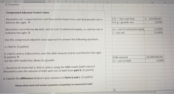 8 20 Points Compressed Adjusted Present Value Fcf Free Cash Flow Fcf 8 Growth Rate 510 000 00 8 00 Su Cost Of Unlev 1