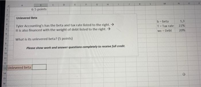 A H 1 6 5 Points Unlevered Beta B Beta T Tax Rate Wo Debt Tyler Accounting S Has The Beta And Tax Rate Listed To The Rig 1