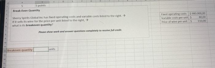 5 5 Points Break Even Quantity Sherry Spirits Global Inc Has Fixed Operating Costs And Variable Costs Listed To The Righ 1
