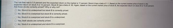 The Risk Free Rate Is 3 5 Percent And The Expected Return On The Market Is 11 Percent Stock A Has A Bea Of 1 1 Based O 1