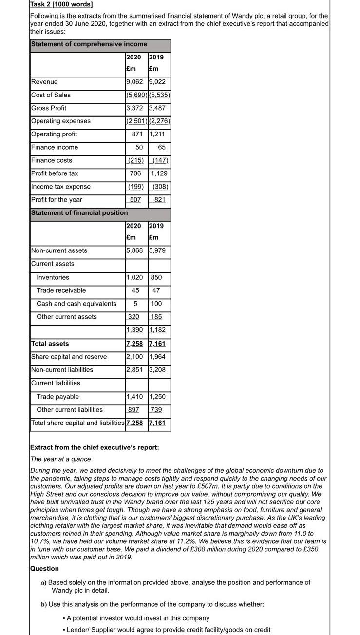 Task 2 1000 Words Following Is The Extracts From The Summarised Financial Statement Of Wandy Plc A Retail Group For 1
