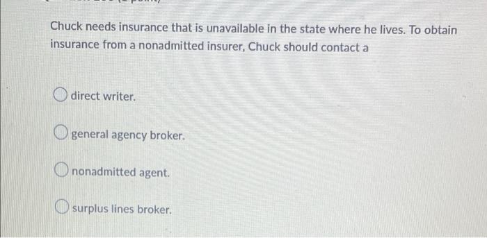 Chuck Needs Insurance That Is Unavailable In The State Where He Lives To Obtain Insurance From A Nonadmitted Insurer C 1