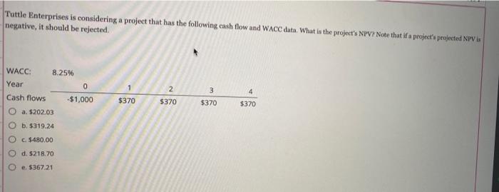 Tuttle Enterprises Is Considering A Project That Has The Following Cash Flow And Wacc Data What Is The Project S Npv N 1