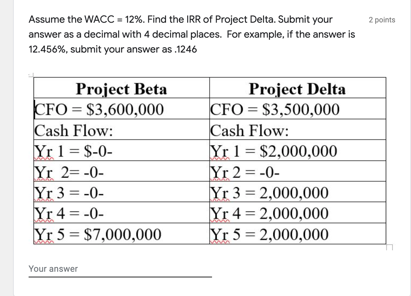 2 Points Assume The Wacc 12 Find The Irr Of Project Delta Submit Your Answer As A Decimal With 4 Decimal Places 1