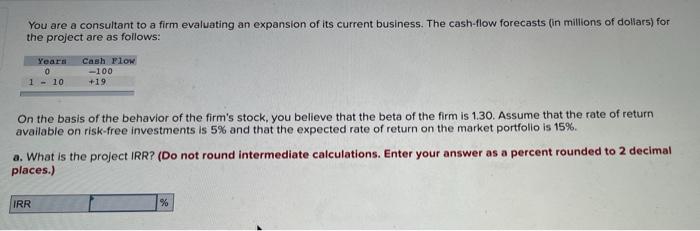 You Are A Consultant To A Firm Evaluating An Expansion Of Its Current Business The Cash Flow Forecasts In Millions Of 1