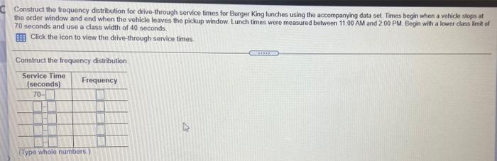 Construct The Frequency Distribution For Drive Through Service Times For Burger King Lunches Using The Accompanying Data 1
