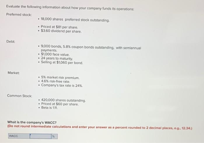 Evaluate The Following Information About How Your Company Funds Its Operations Preferred Stock 18 000 Shares Preferr 1