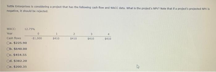 Tuttle Enterprises Is Considering A Project That Has The Following Cash Flow And Wacc Data What Is The Project S Npv N 1