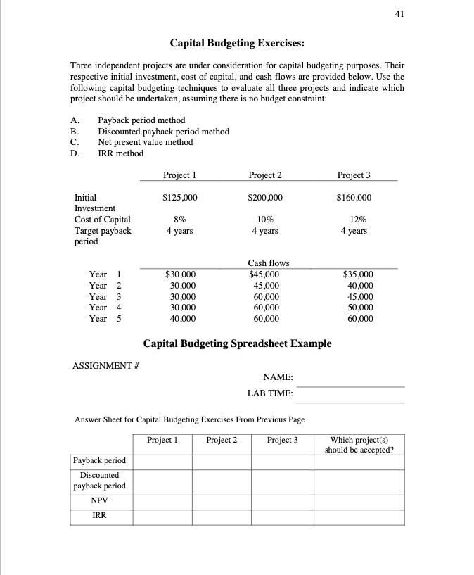 41 Capital Budgeting Exercises Three Independent Projects Are Under Consideration For Capital Budgeting Purposes Their 1