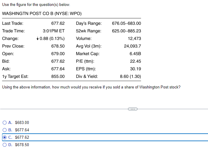 Use The Figure For The Question S Below Washingtn Post Cob Nyse Wpo Last Trade 677 62 Day S Range Trade Time 3 0 1