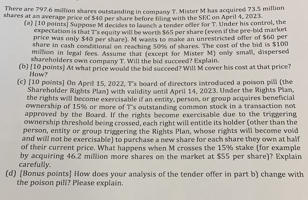 There Are 797 6 Million Shares Outstanding In Company T Mister M Has Acquired 73 5 Million Shares At An Average Price O 1