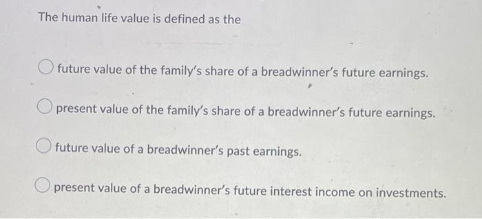 The Human Life Value Is Defined As The Future Value Of The Family S Share Of A Breadwinner S Future Earnings Present Va 1