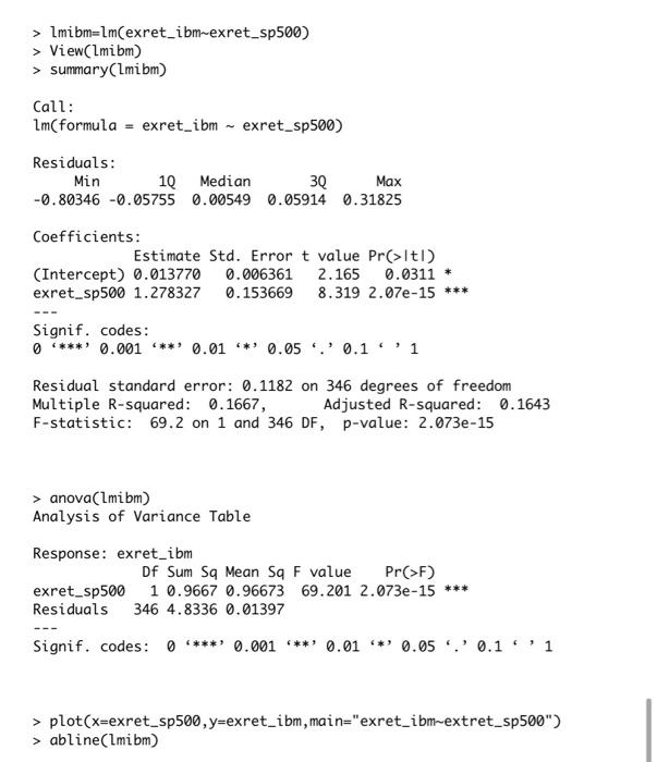 Please Read The Following R Scripts For Estimating Capm For Ibm Stock And Answer Questions From 15 To 20 Setwd Dro 4