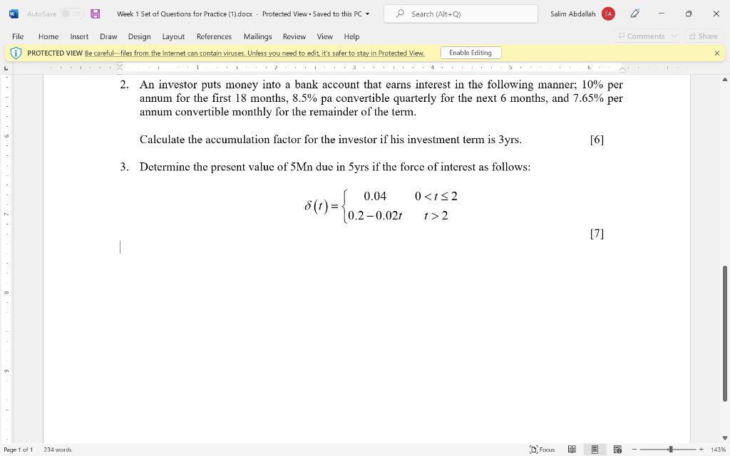 W Auto Save Week 1 Set Of Questions For Practice 1 Docx Protected View Saved To This Pc O Search Alt Q Salim Ab 1