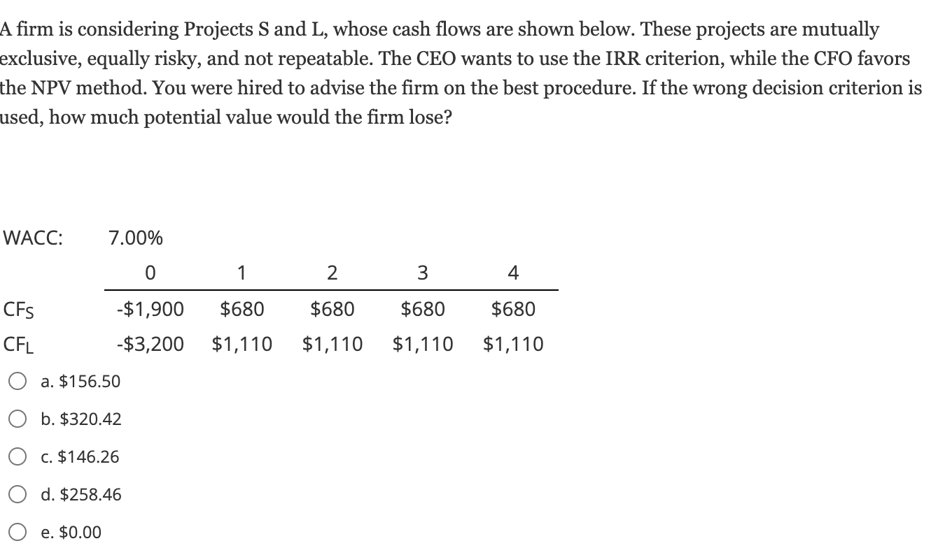 A Firm Is Considering Projects S And L Whose Cash Flows Are Shown Below These Projects Are Mutually Exclusive Equally 1