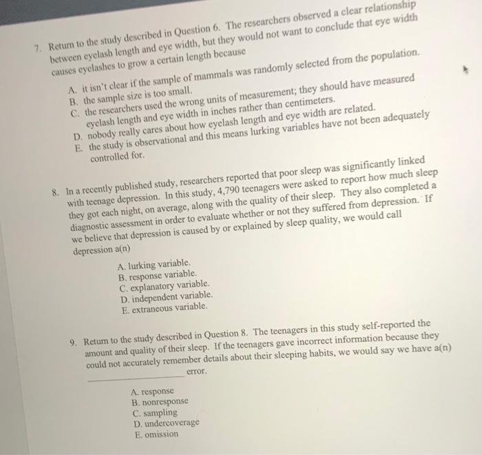 7 Return To The Study Described In Question 6 The Researchers Observed A Clear Relationship Between Eyelash Length And 1