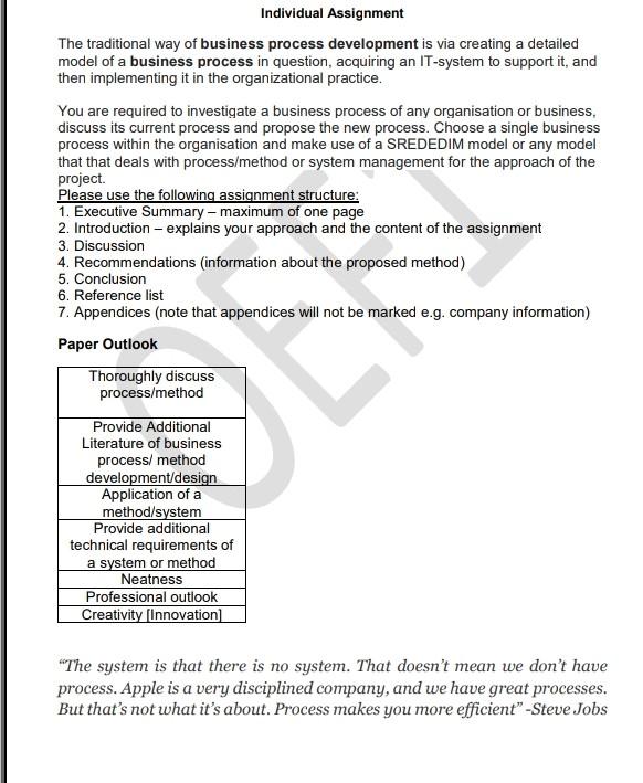 Individual Assignment The Traditional Way Of Business Process Development Is Via Creating A Detailed Model Of A Business 1