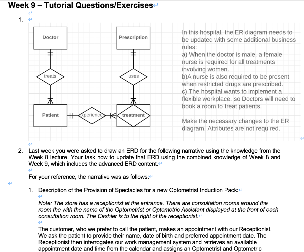 Week 9 Tutorial Questions Exercises 1 Doctor Prescription In This Hospital The Er Diagram Needs To Be Updated With S 1