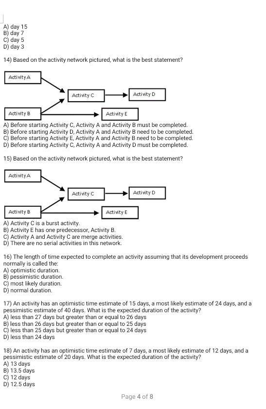 11 Which Of These Statements About This Network Is Best Activity A Activity B Activity D Activity C A Activities A An 2
