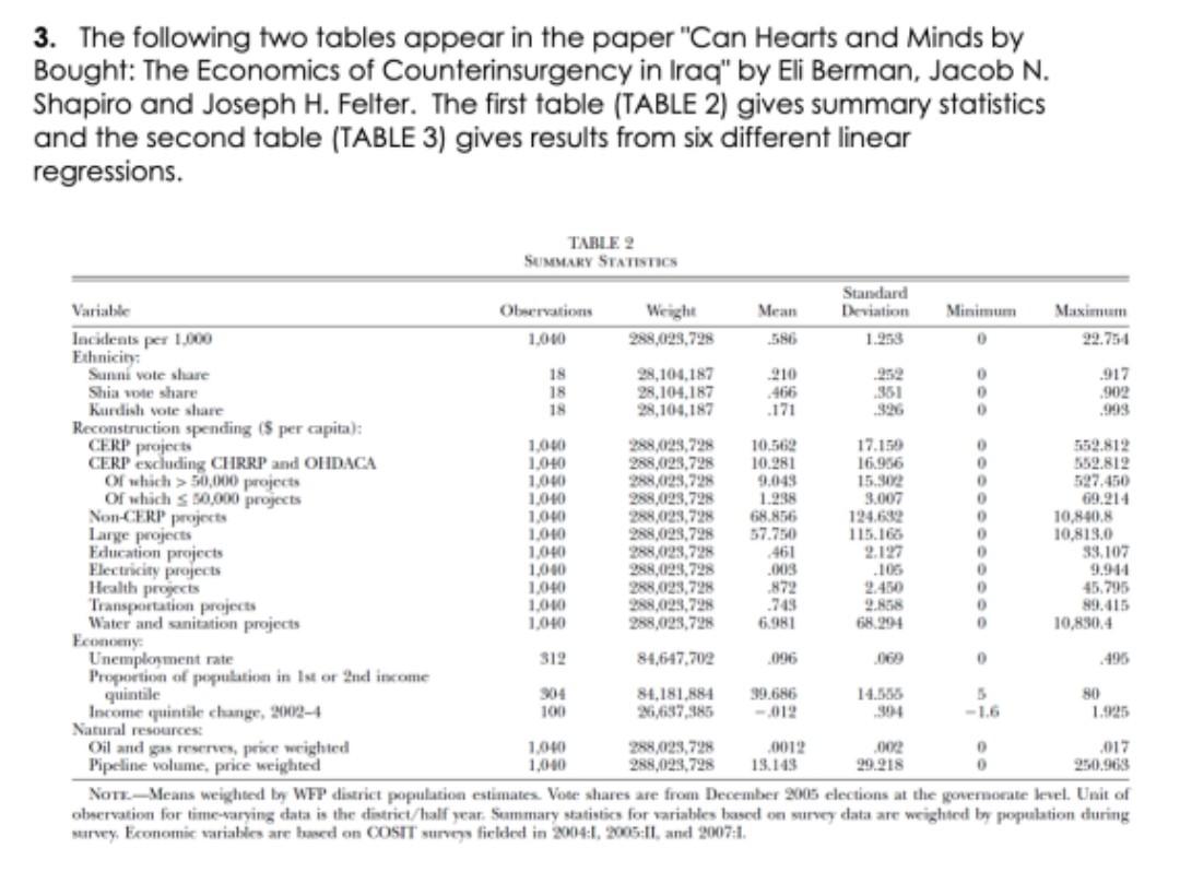 3 The Following Two Tables Appear In The Paper Can Hearts And Minds By Bought The Economics Of Counterinsurgency In I 1