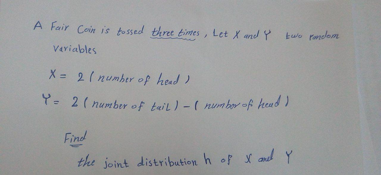 A Fair Coin Is Tossed Three Times Let X And Y Two Rondom Variables X 2 Number Of Head Y 2 Number Of Tail N 1