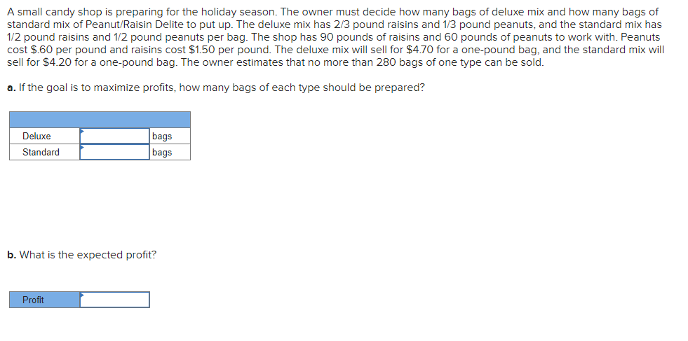 A Small Candy Shop Is Preparing For The Holiday Season The Owner Must Decide How Many Bags Of Deluxe Mix And How Many B 1