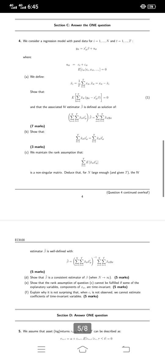 4g 46 16 45 74 Section C Answer The One Question 4 We Consider A Regression Model With Panel Data For I 1 And T 1