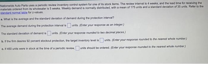 Nationwide Auto Parts Uses A Periodic Review Inventory Control System For One Of Its Stock Items The Review Interval Is 1