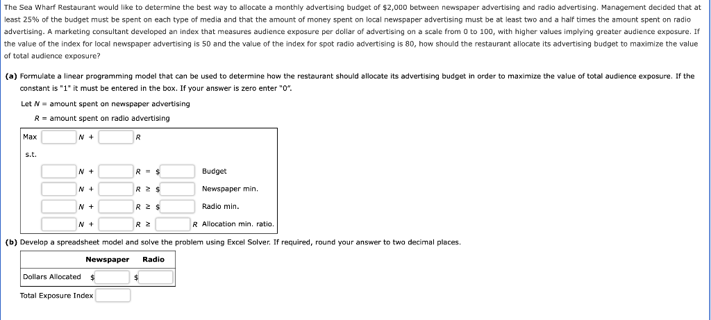 The Sea Wharf Restaurant Would Like To Determine The Best Way To Allocate A Monthly Advertising Budget Of 2 000 Between 1