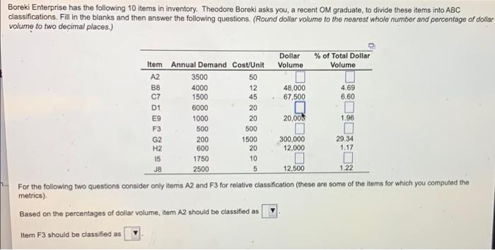 Boreki Enterprise Has The Following 10 Items In Inventory Theodore Boreki Asks You A Recent Om Graduate To Divide The 1